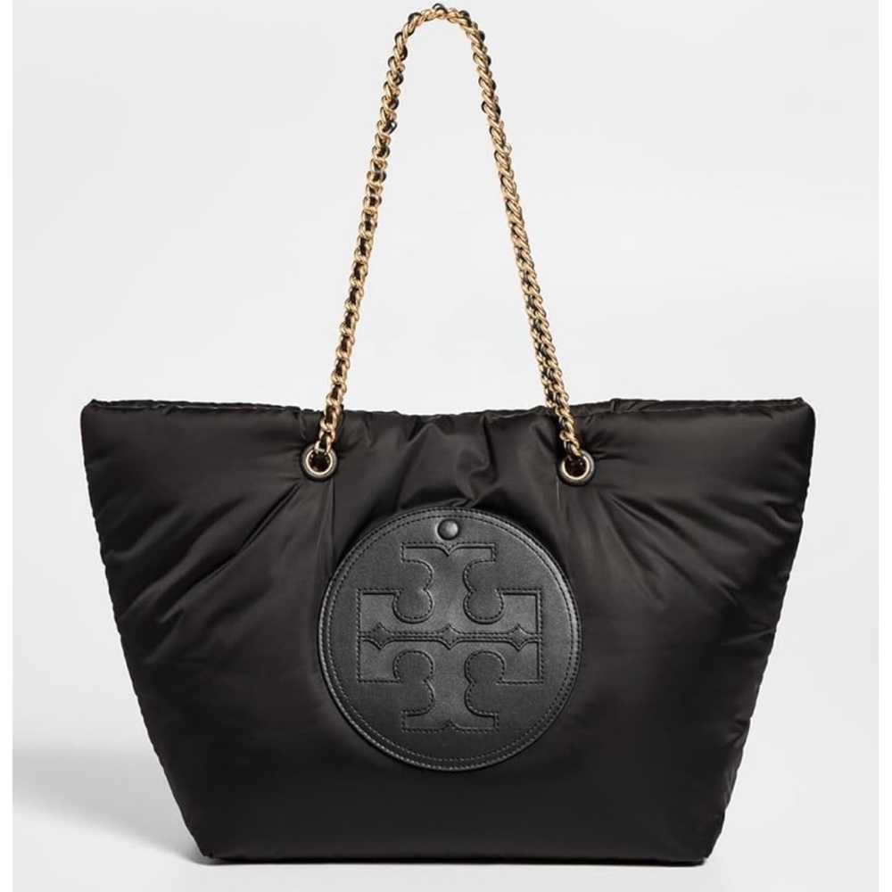 Tory Burch Black and Gold Tote Bag with Chain Straps